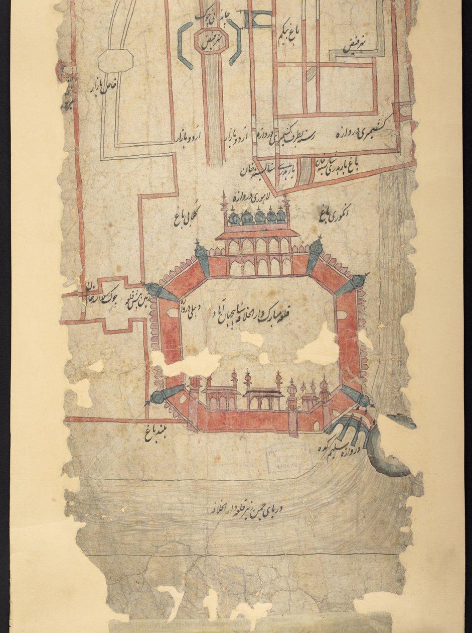 IO Islamic 4725 Fort of Delhi és az északi terület, egy „A Delhiből Kandahárba vezető útvonalat” ábrázoló tekercs metszete (tinta és színes papíron) alkotó: Indian School