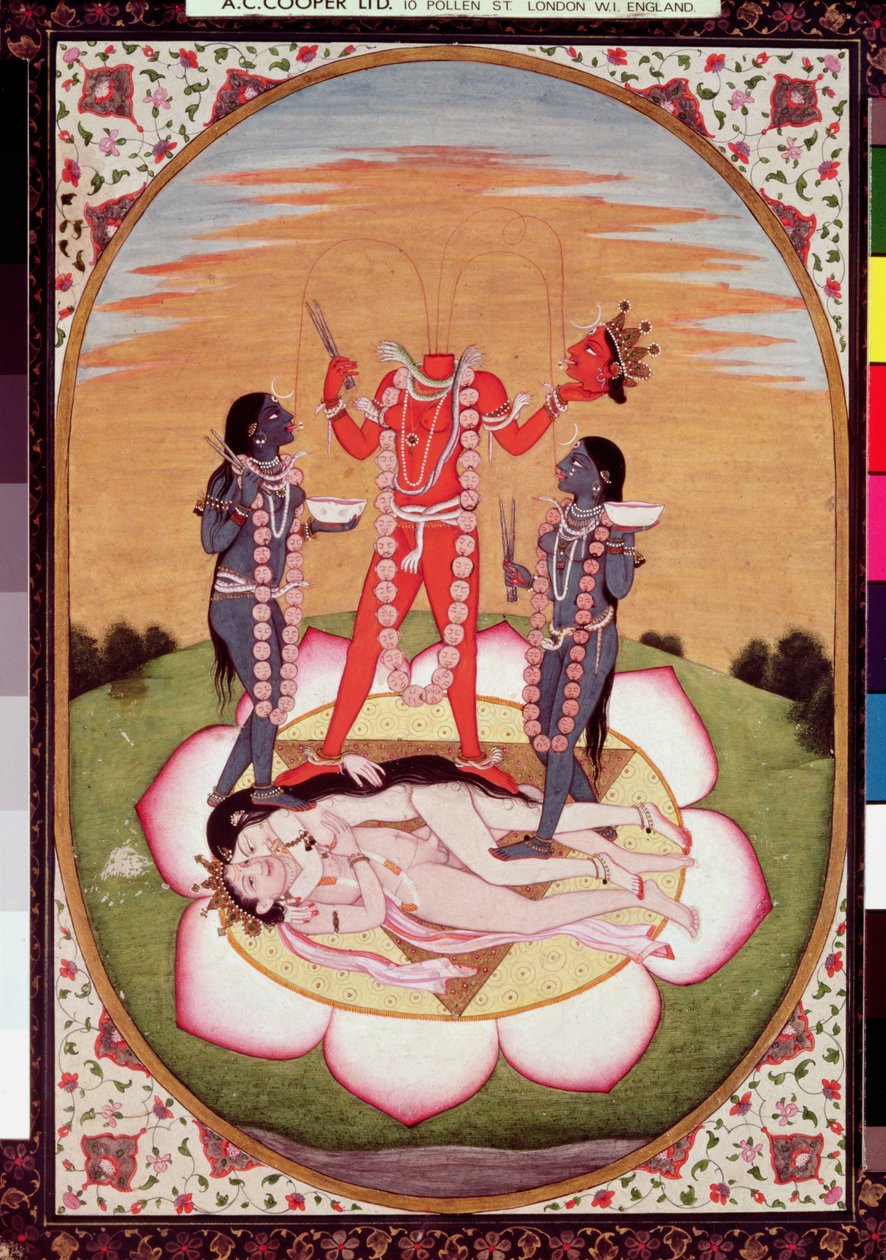 Chinnamasta ikonja, a Mahavidya, amely az Eredeti Pár összekapcsolt testeiből fakad, Kangra, 1800 körül (guache papíron) alkotó: Indian School