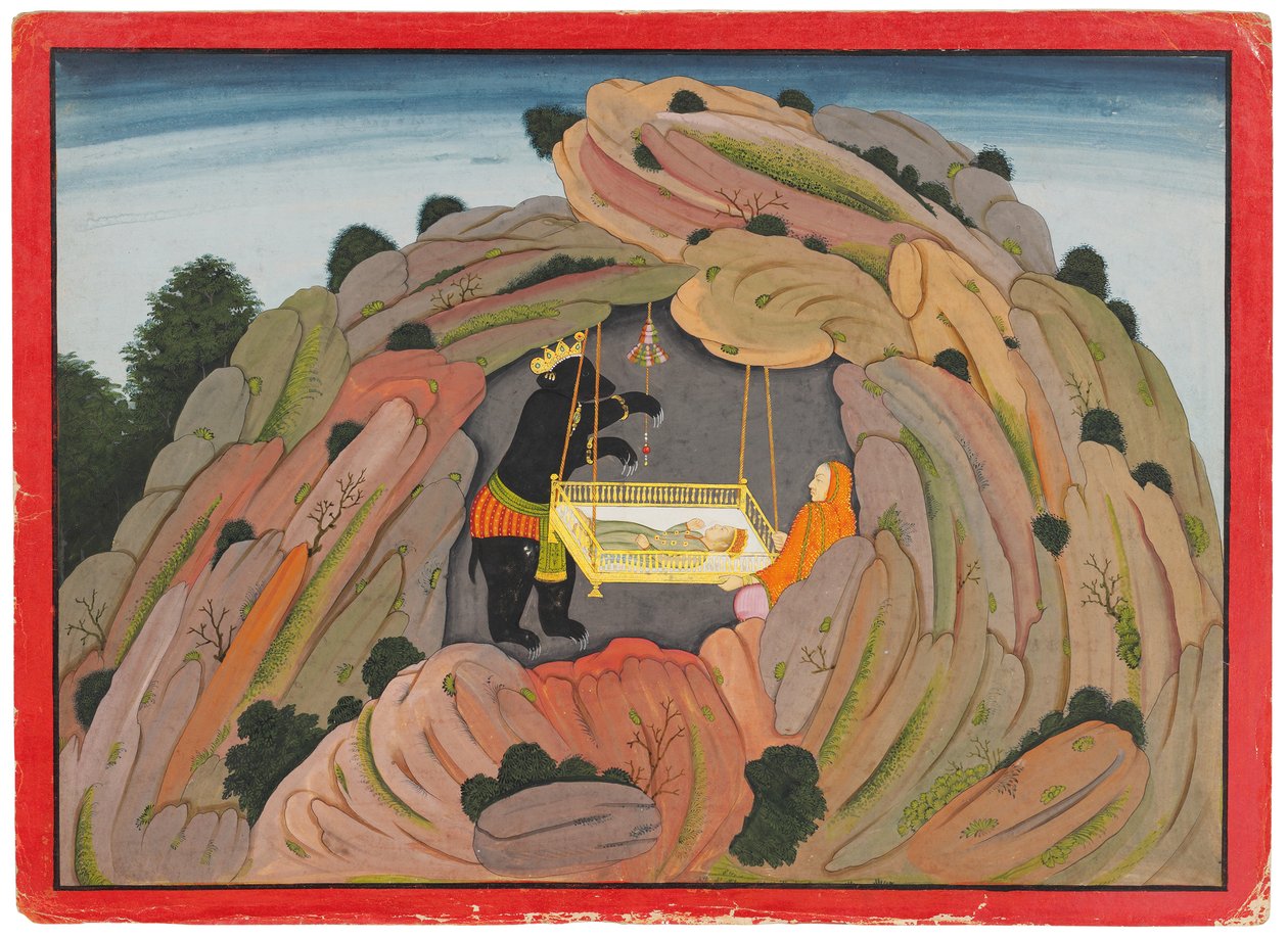 Illusztráció a Bhagavata Puránához: Jambavan odaadja a Symantaka ékszert a lányának, hogy játssza el, 1760-65 körül alkotó: Indian School