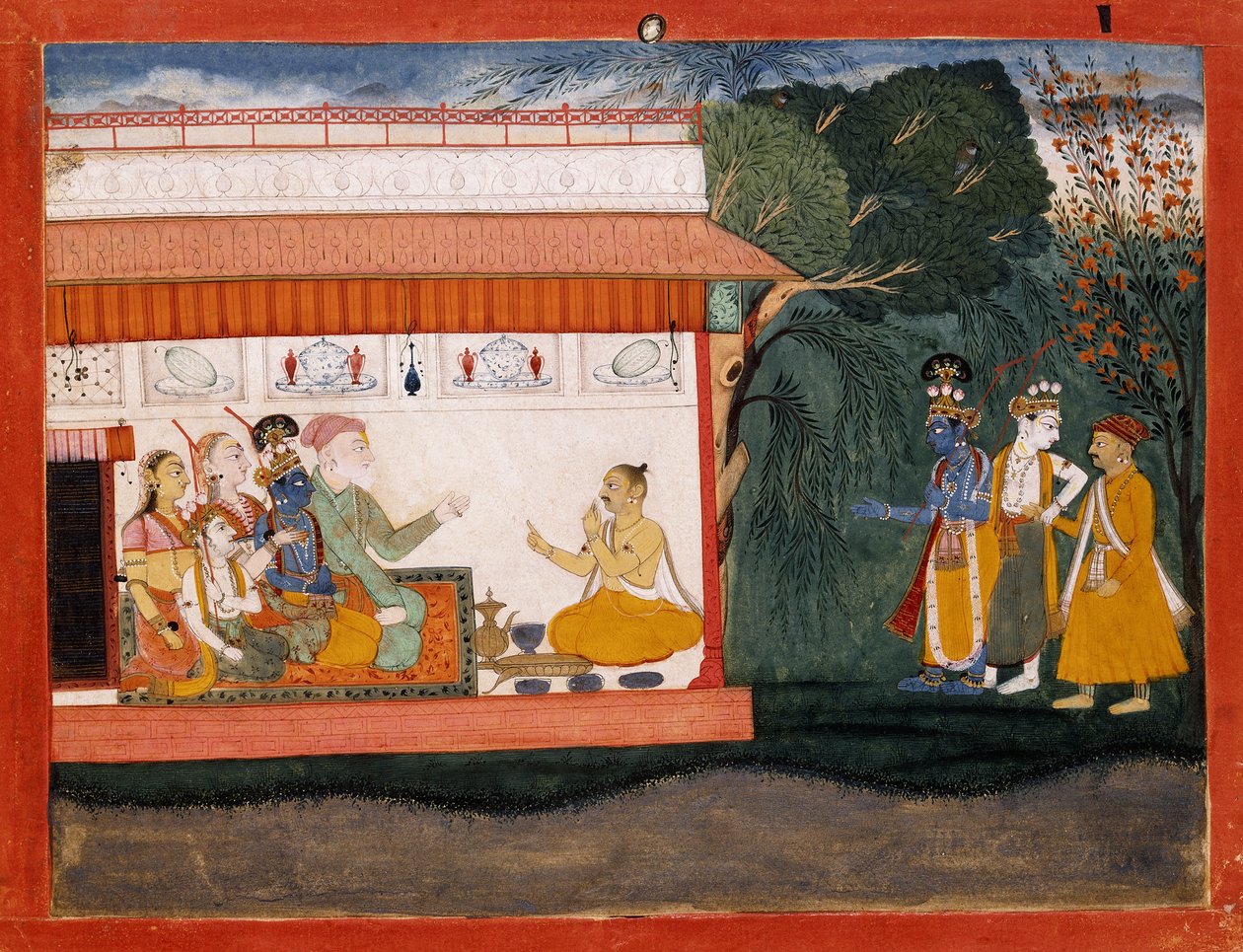 Illusztráció a Bhagavata Puránához, amely azt ábrázolja, hogy Balaram kézen fogja Akrúrát öccsével Krishnával, 1700 körül alkotó: Indian School