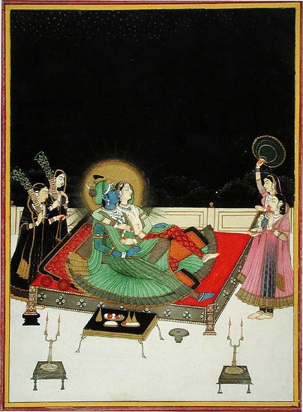 Ban ben. 67.23 Radha és Krishna csodálják magukat a tükörben, 1800 körül (vellum) alkotó: Indian School