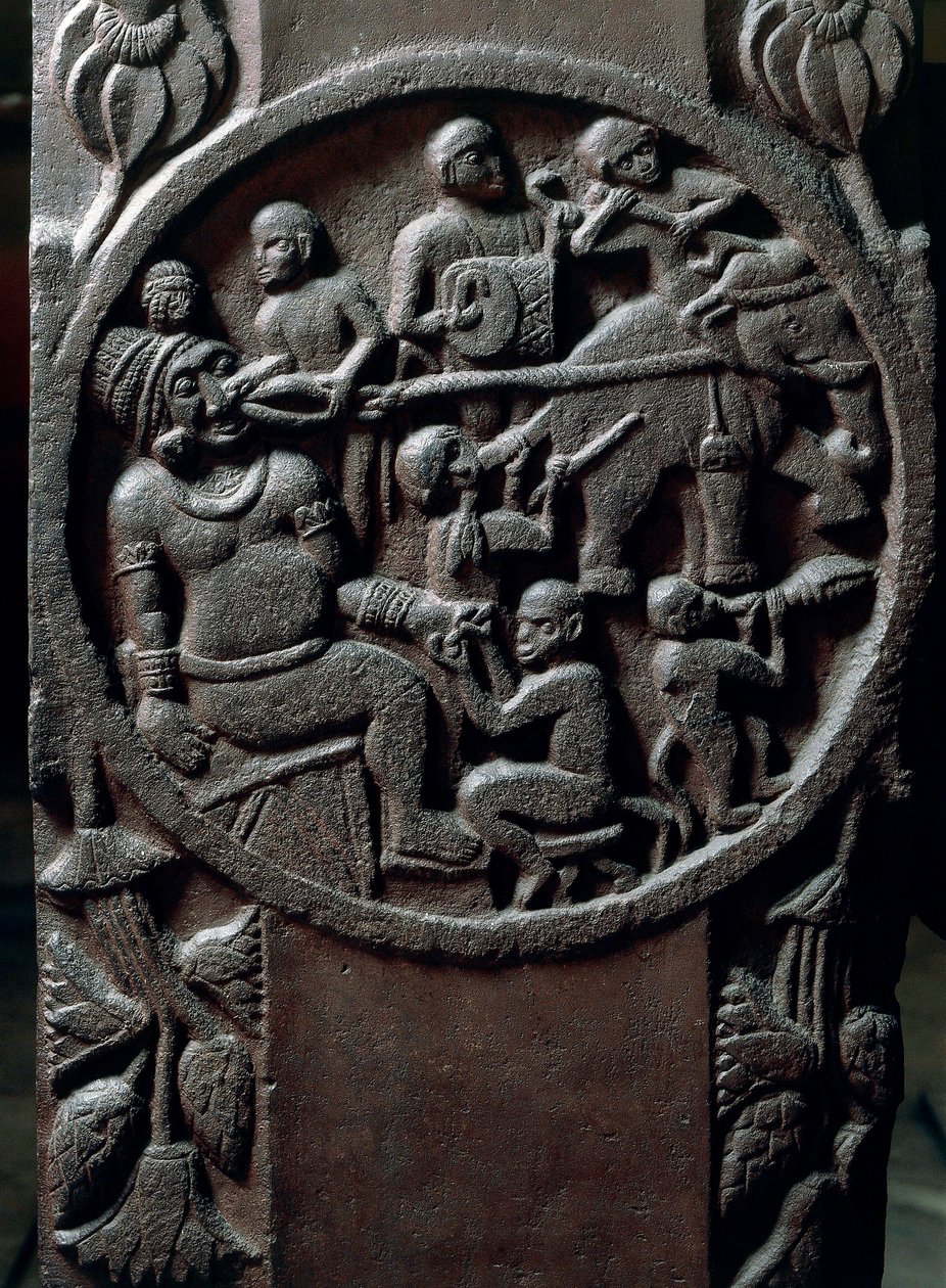 Indiai művészet, hinduizmus: alacsony dombormű, amely majmokat ábrázol, akik elefánt segítségével tépik a fogat egy óriásról. Kr.e. 2. század. Kolkata, Indiai Múzeum alkotó: Indian School