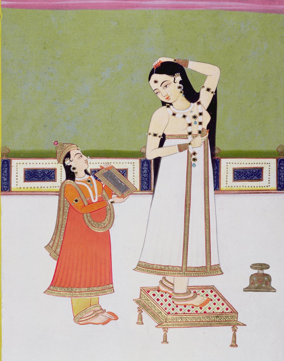 Indiai hölgy a vécéjében nézi magát a tükörben (guache és aranylevél papíron) alkotó: Indian School