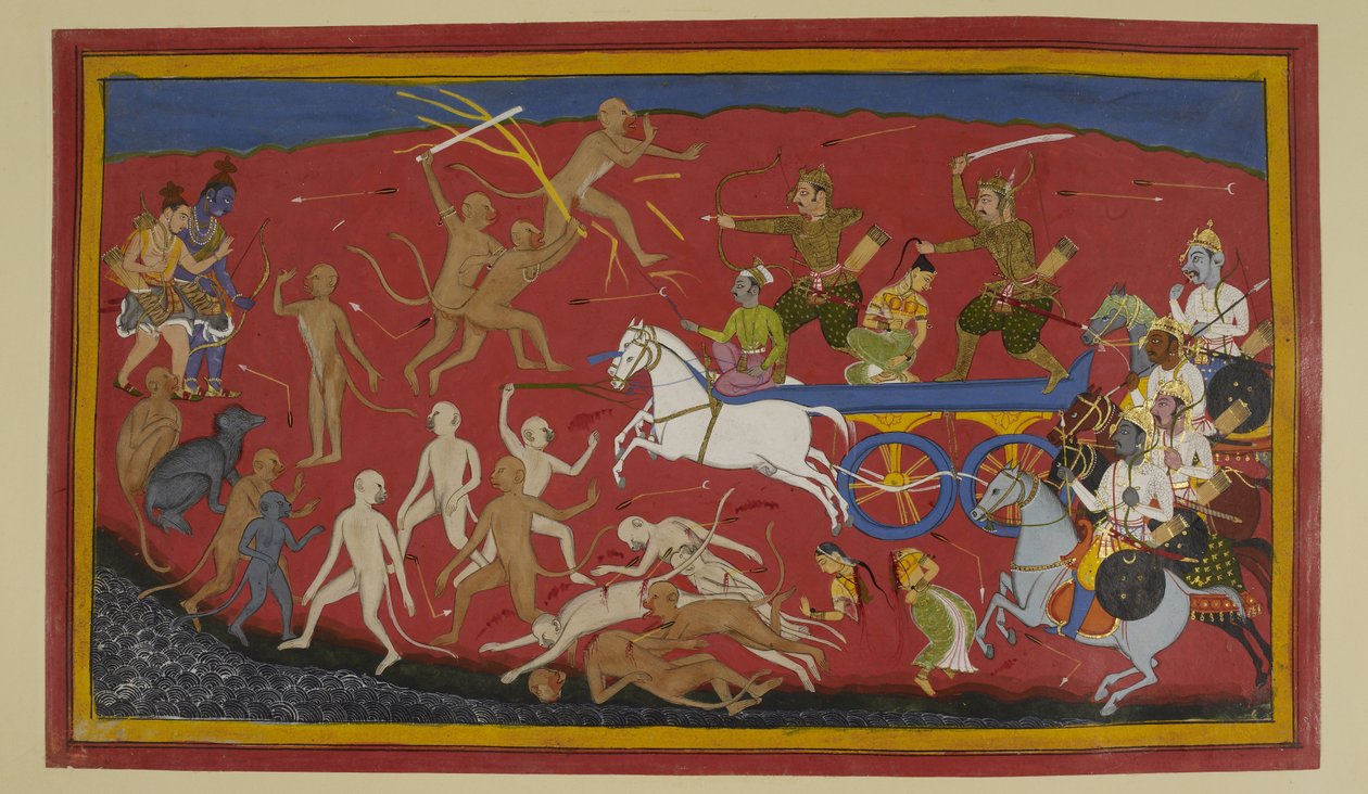 Indrajit megöl egy illuzórikus Sītāt; a majmok gyászolnak és értesítik Rāmát és Lakṣmaṇát. alkotó: Indian School