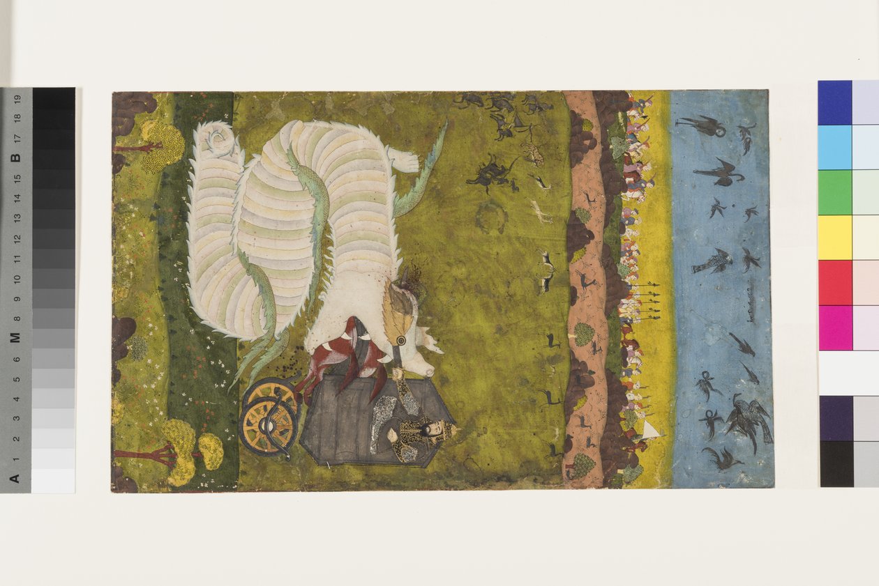 Isfandiyar megtámadja a sárkányt, 1760 körül (átlátszatlan wc és arany papíron) alkotó: Indian School
