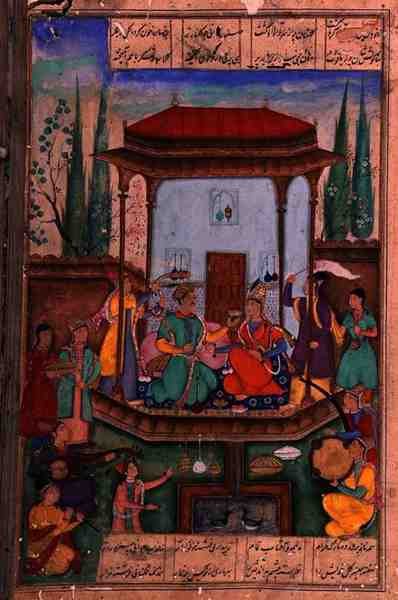 Iskandar Enthroned, 88a. fólió, "Sándor tükre"-ből, Amir Khusrau Dihlavi (1253-1325) írta, Nizami, Moghal Khamsa (Quw]tet) története alapján alkotó: Indian School