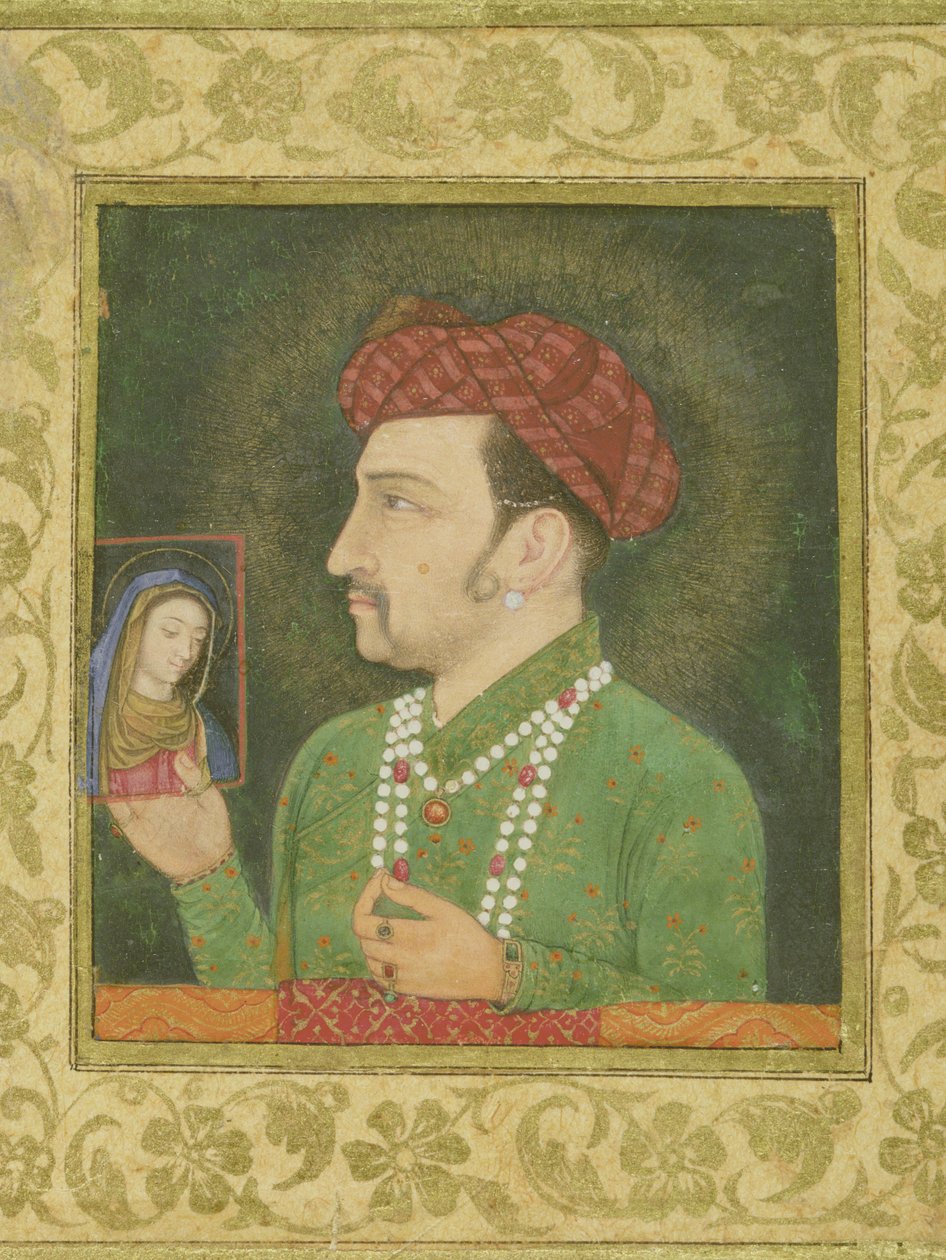 Dzsahangir kezében egy perzsa feliratú Madonna-kép: Janhangir Shah, Mughal alkotó: Indian School