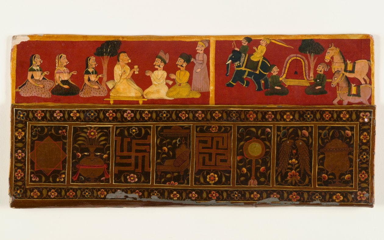 Jain könyvborító (átlátszatlan wc és fémes pigment papíron, lakkréteggel) (lásd a 423290-et a recto-hoz) alkotó: Indian School
