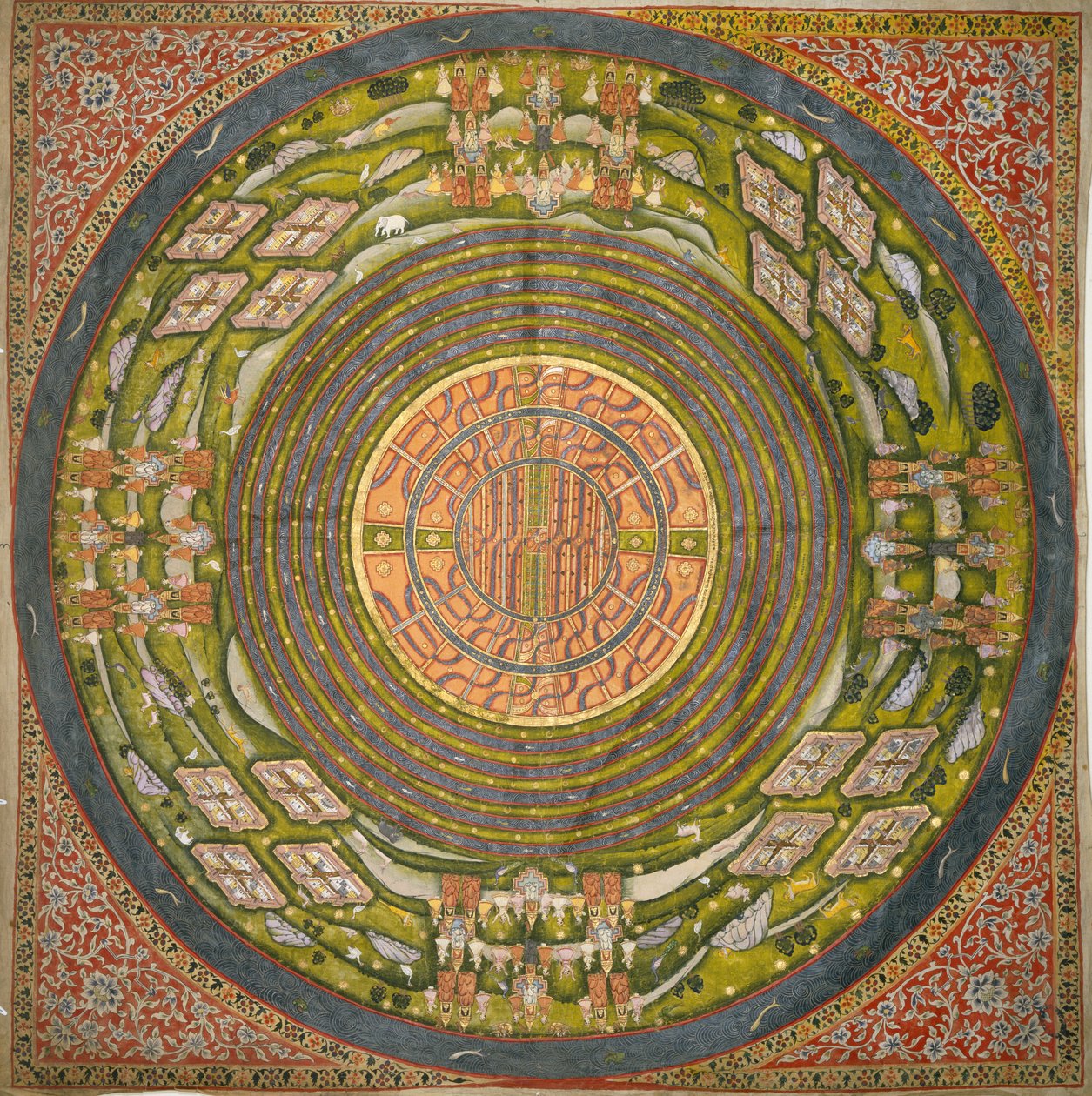 Jain diagram a világegyetemről (Jambudvipa) (guache pamutszöveten) alkotó: Indian School
