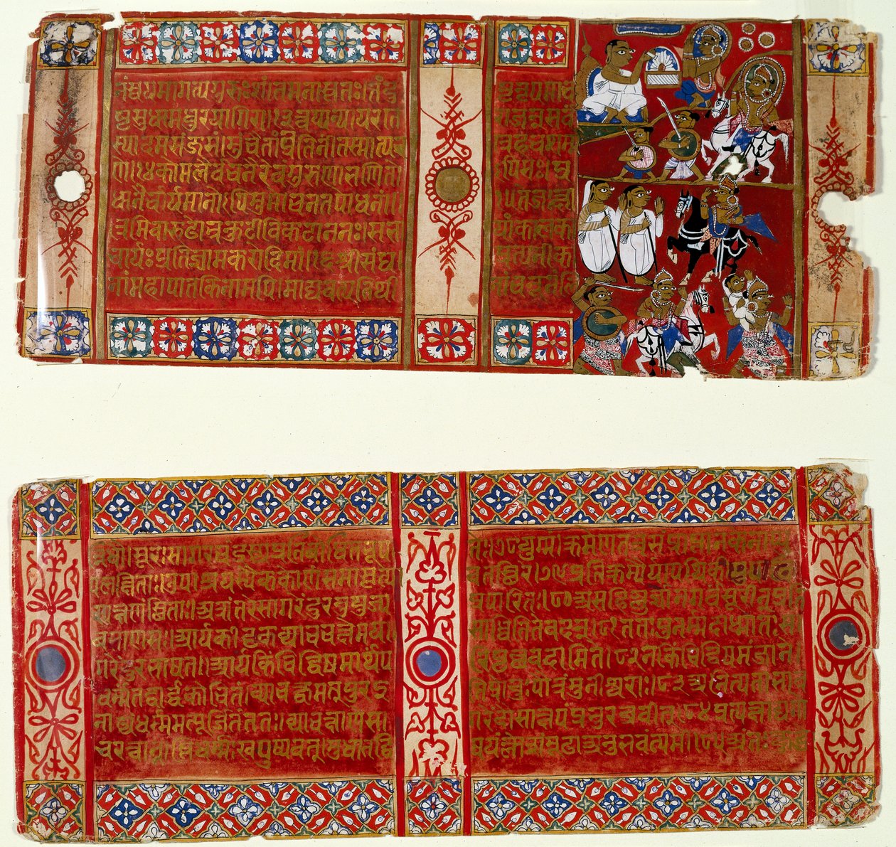 Kalaka dzsain szerzetes lesz; Kalaka elrabolja az apácát, két levél a Kalakacharya-katha szétszórt dzsain kéziratából, Uttar Pradesh, 1465 körül (wc és arany papíron) alkotó: Indian School
