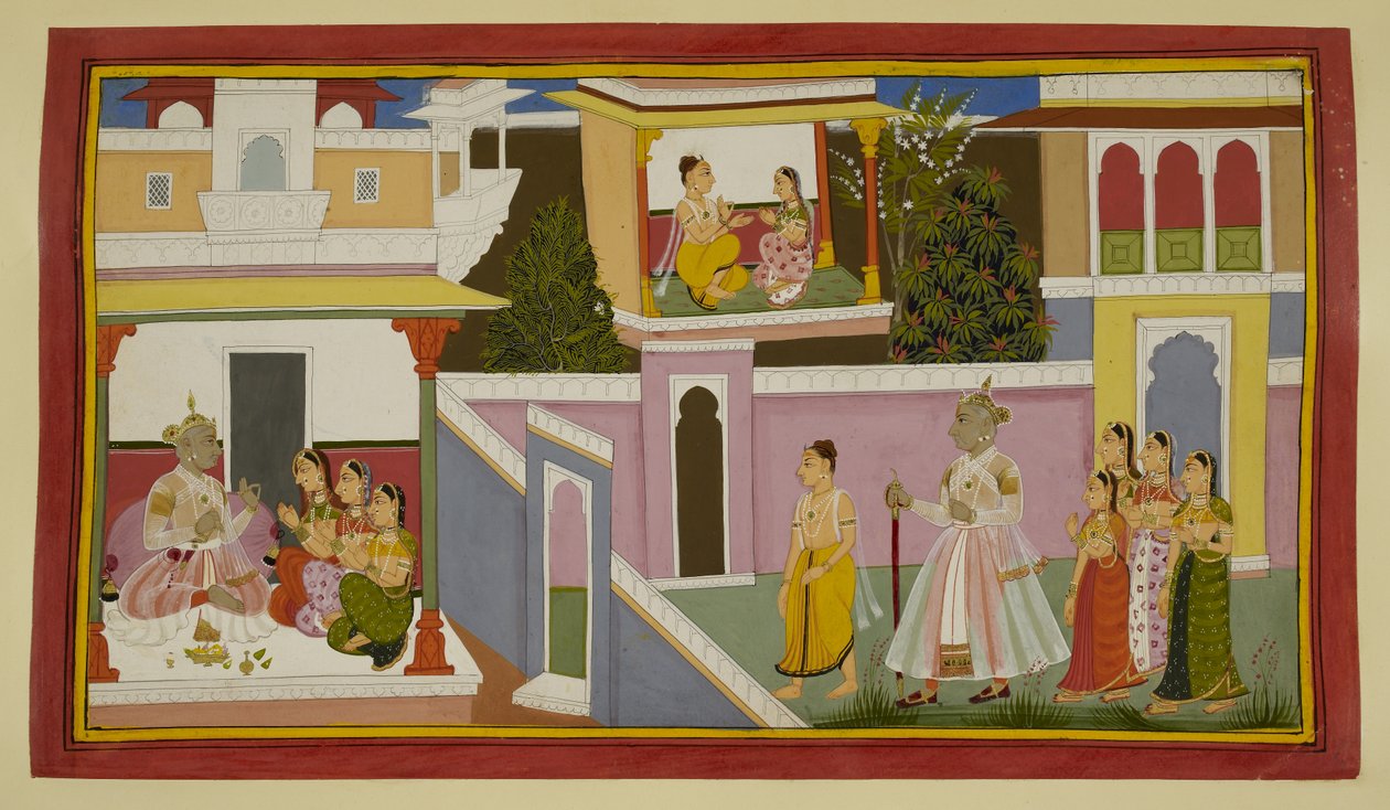Dasaratha király és királynői üdvözlik Rishyasringát és Shanta-t. alkotó: Indian School