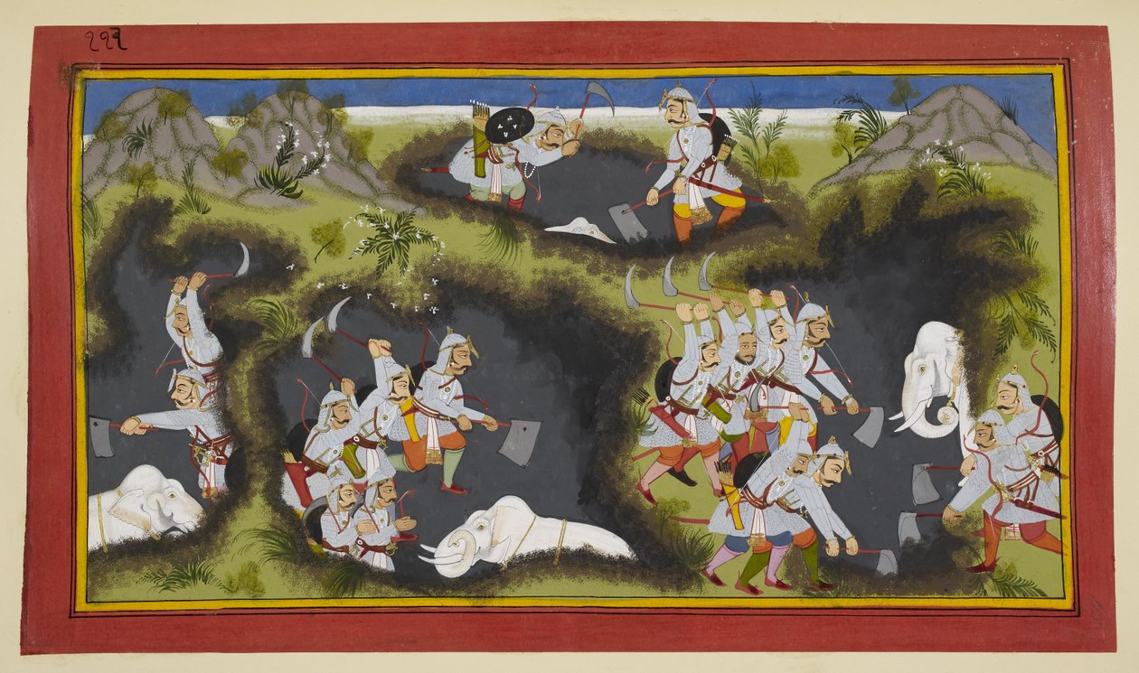 Sagara király fiai ássák a földet, és négy támasztó elefántot találnak. alkotó: Indian School