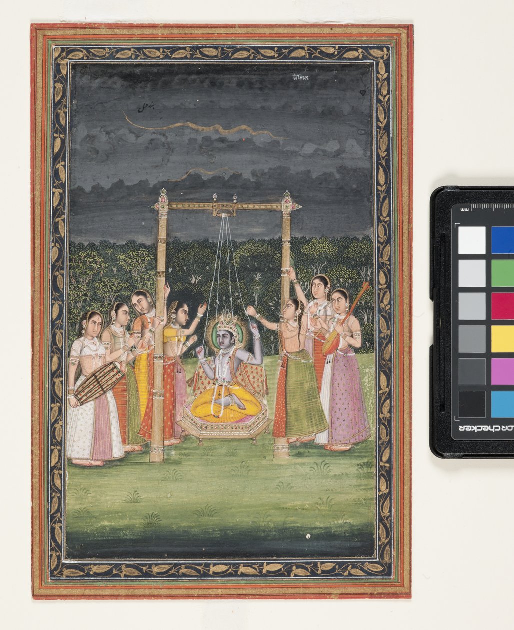 Krishna Rendezvous Gopis-val (guache és aranylevél papíron) alkotó: Indian School