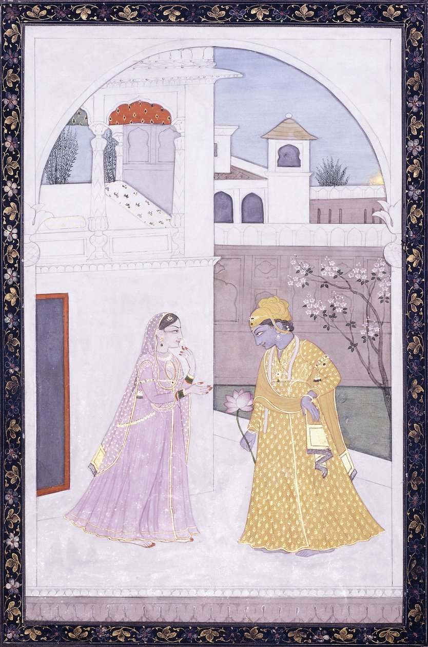Krisna lótuszvirágot tart kezében, szeretője rózsaszín száriban, c. 1800 alkotó: Indian School