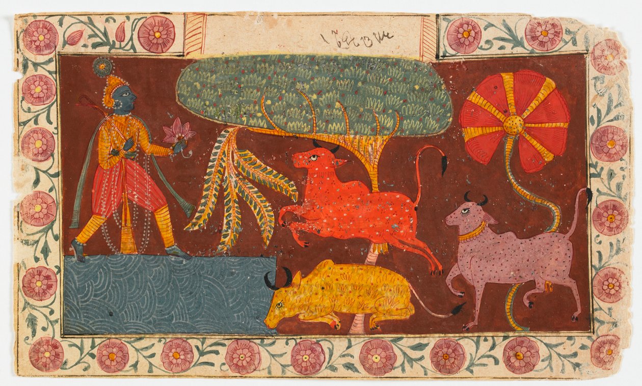 Krisna és tehenek a tóban, a Bhagavata Puránából (átlátszatlan wc papíron) alkotó: Indian School