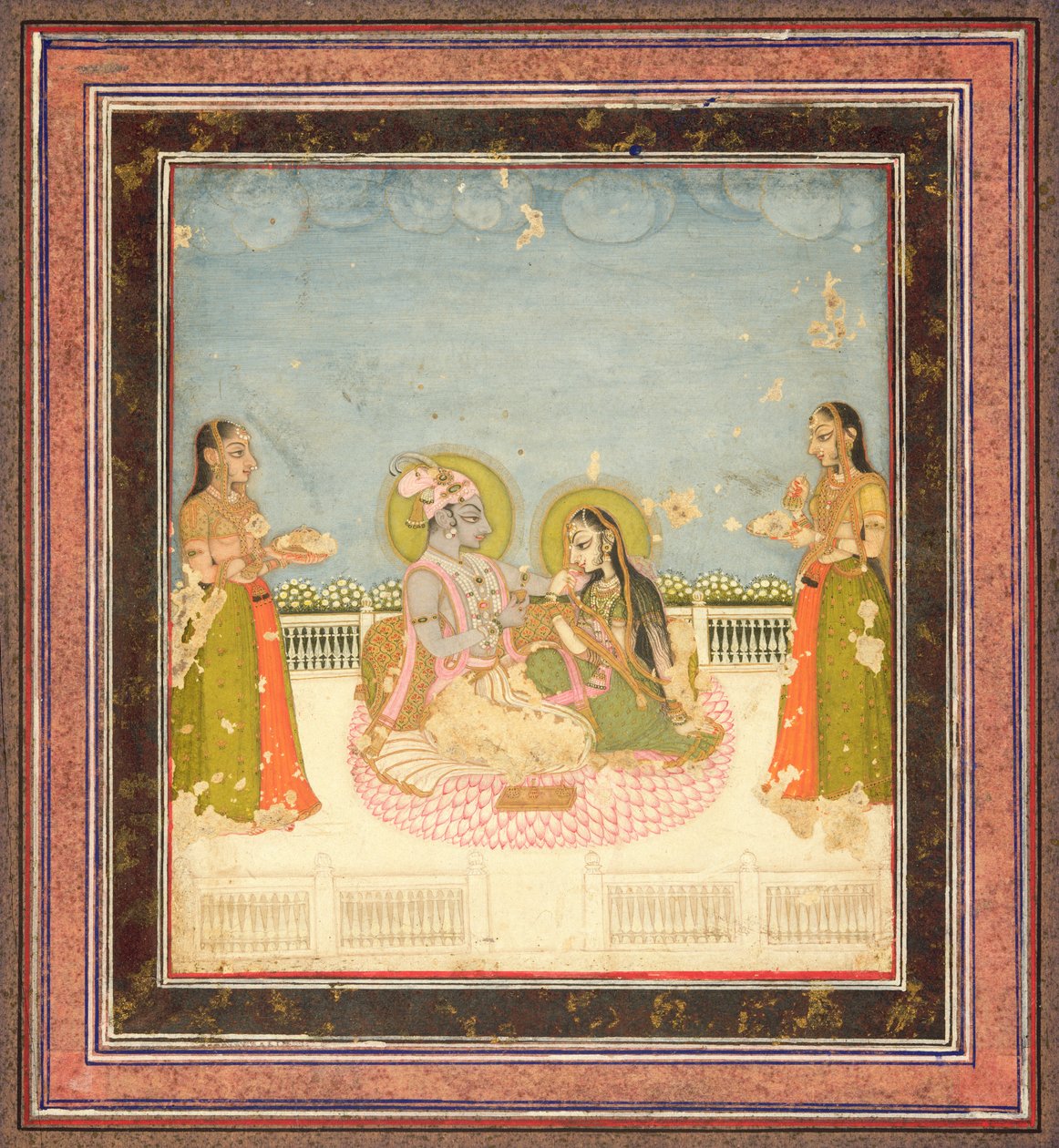 Krisna és Radha egy teraszon ülve, 1760-75 körül (wc, arany és ezüst papíron) alkotó: Indian School