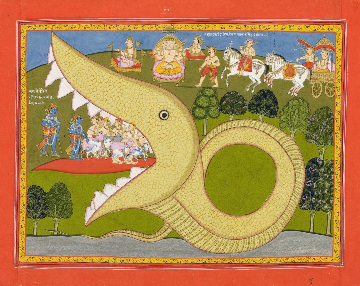 Krisna és a tehénpásztorok belépnek Agasuras szájába, 1800 körül (átlátszatlan wc és arany papíron) alkotó: Indian School