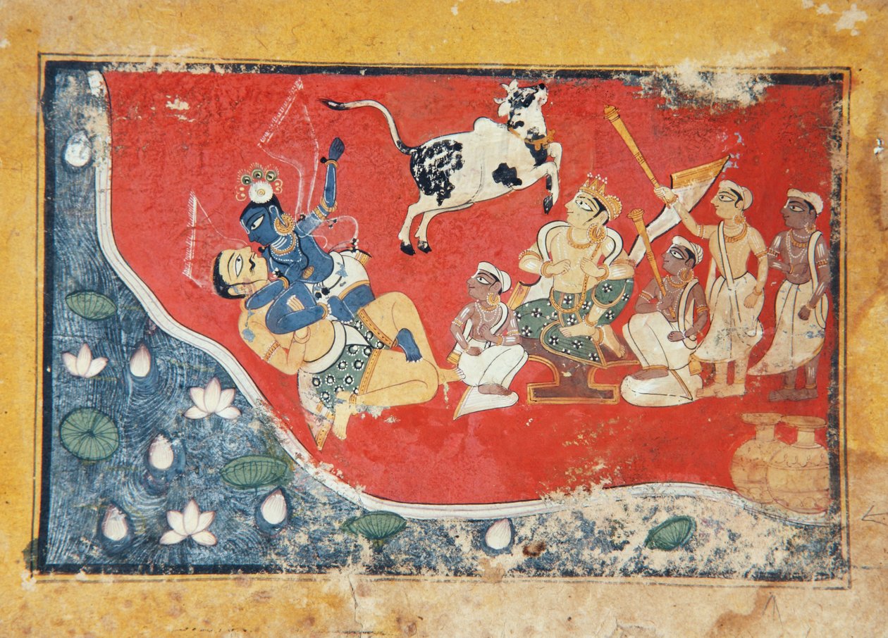 Krisna legyőz egy démont a folyó mellett, 1560 körül (papíron átlátszatlan wc) alkotó: Indian School