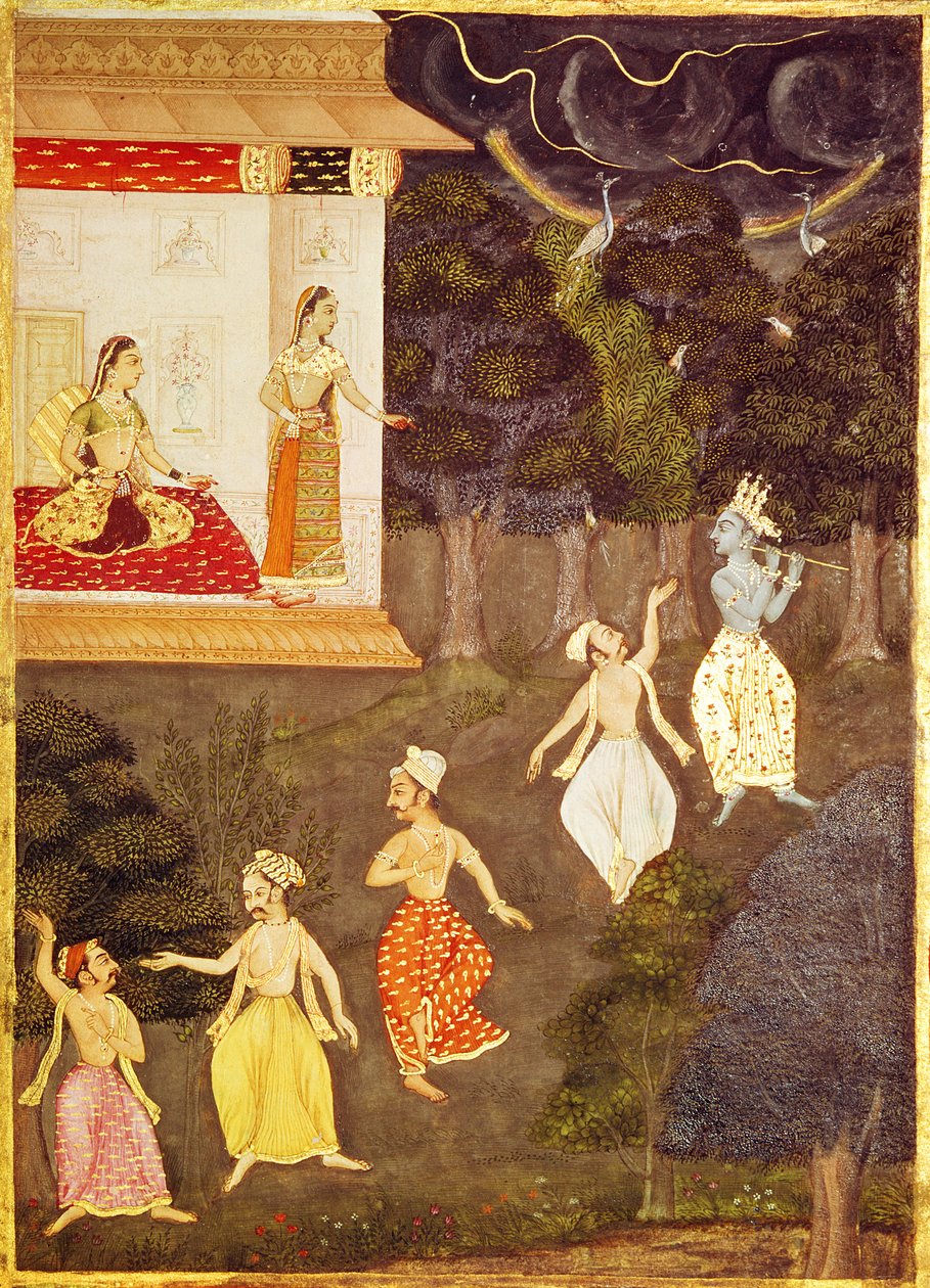 Krishna furulyázik, majd négy táncos, Rajasthan alkotó: Indian School