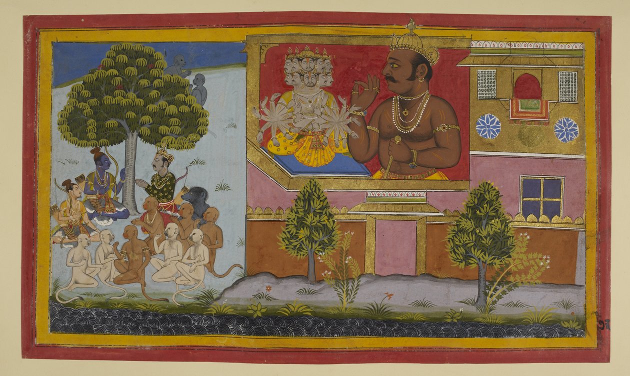 Kumbhakarṇa győzelemmel dicsekszik; Rāma azt tervezi, hogy ellensúlyozza félelmetes jelenlétét. alkotó: Indian School
