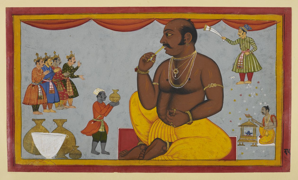 Kumbhakarṇa felébred, hogy harcoljon Rāma ellen; a miniszterek szertartásokkal kísérik őt. alkotó: Indian School