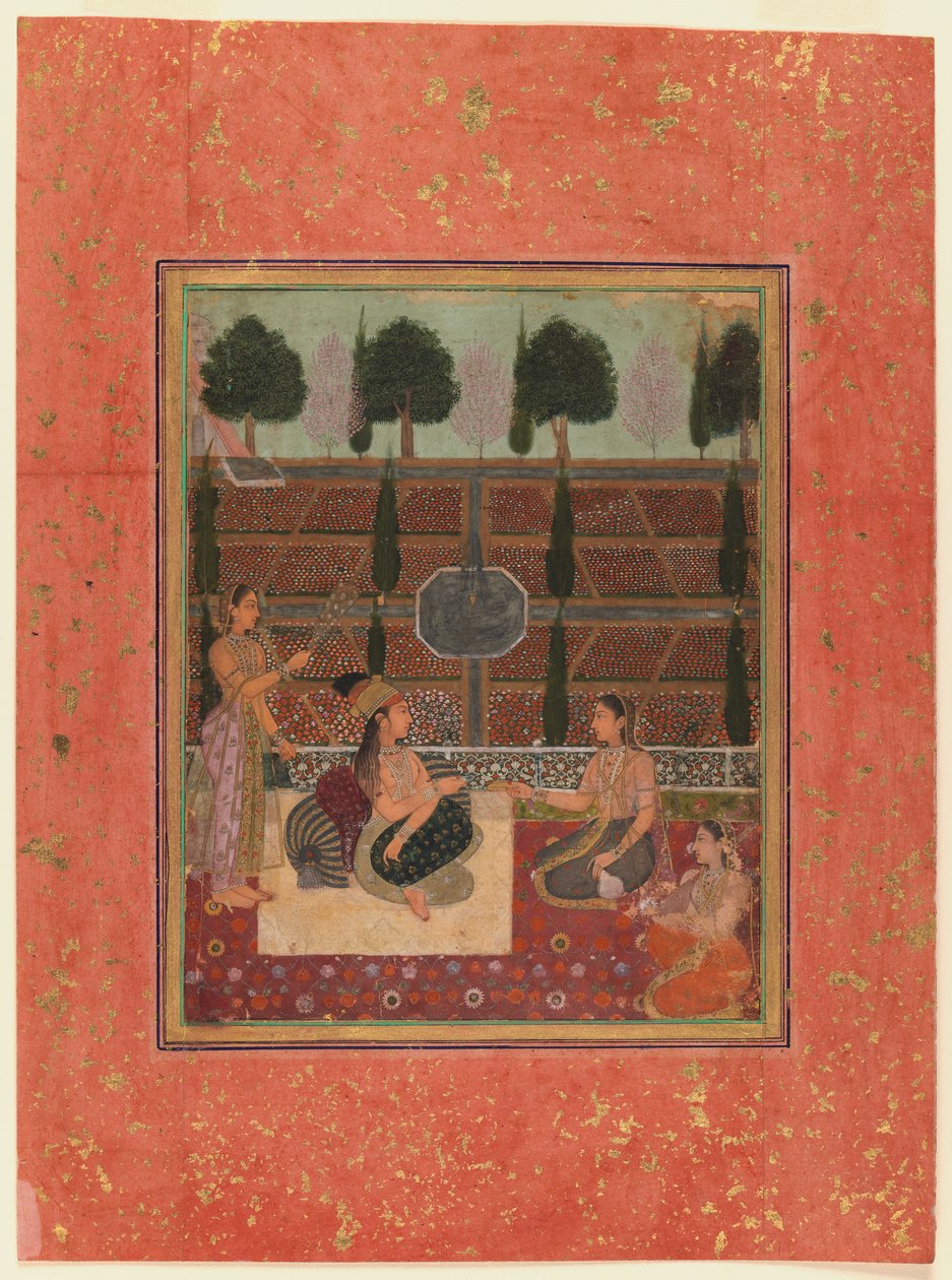 Hölgyek a teraszon, Mogul stílus, 1700-10 körül (wc aranyfoltos papíron) alkotó: Indian School