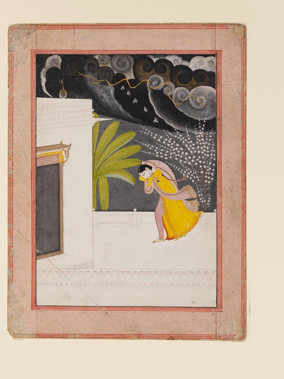 Hölgy a teraszon, az esők elől menedéket keresve, 19. század eleje (guache, arannyal a papíron) alkotó: Indian School
