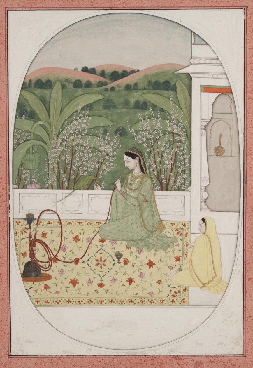 Hölgy a teraszon vízipipával, 1770 körül (guache és arany papíron) alkotó: Indian School