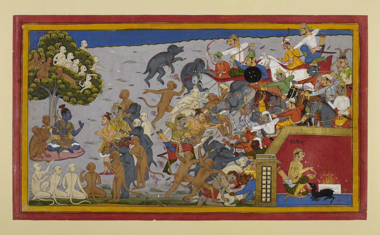 Lakṣmaṇa vezeti Rāma seregét Indrajit áldozatai ellen Nikumbhilāban. alkotó: Indian School