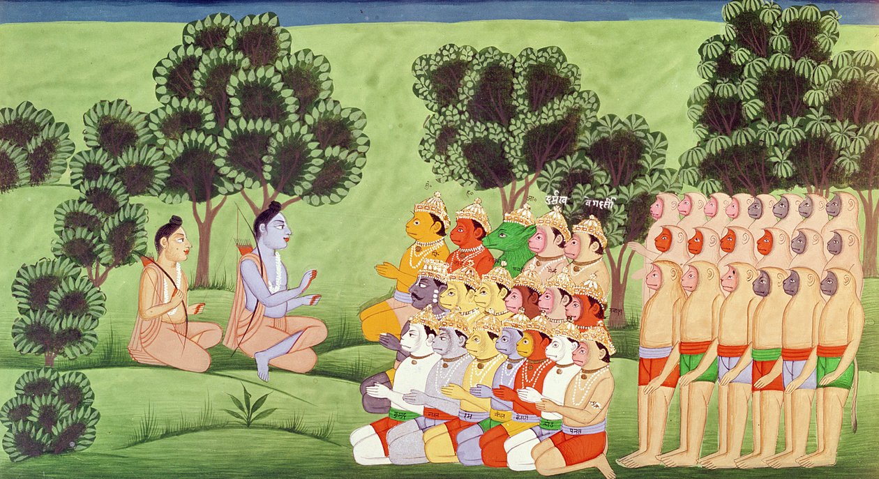Lakshmana konzultál a majomseregek vezetőivel, a Rámájánából alkotó: Indian School