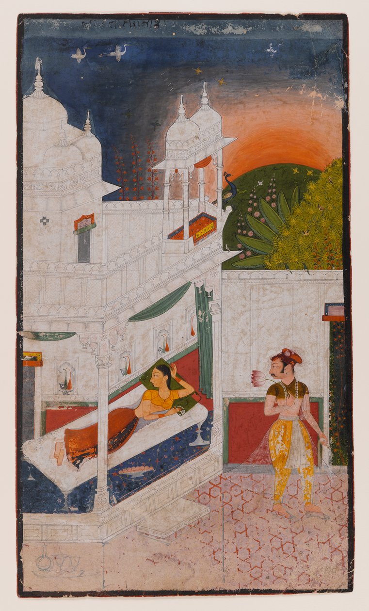 Lalita Ragini, oldal egy szétszórt Ragamala sorozatból, 1640 körül (átlátszatlan wc papíron) alkotó: Indian School