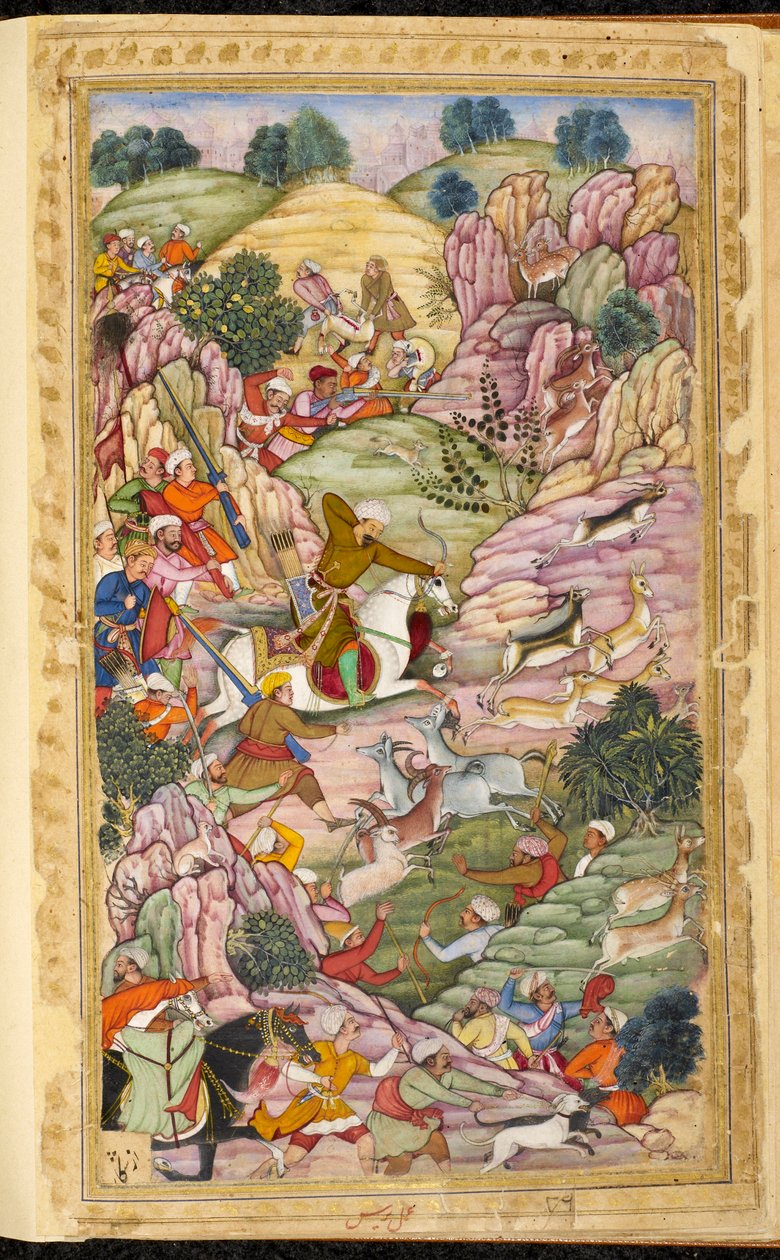 Babur császár vadászik, Ali Shang és Alangar között, Kabul (Afganisztán) régióban. Miniatűr a Vaqi at i Baburi perzsa kéziratból, Babur mogul császár emlékiratai (Zahir ud din Muhammad) (1483-1530), India, 1590 körül. The British Libra alkotó: Indian School