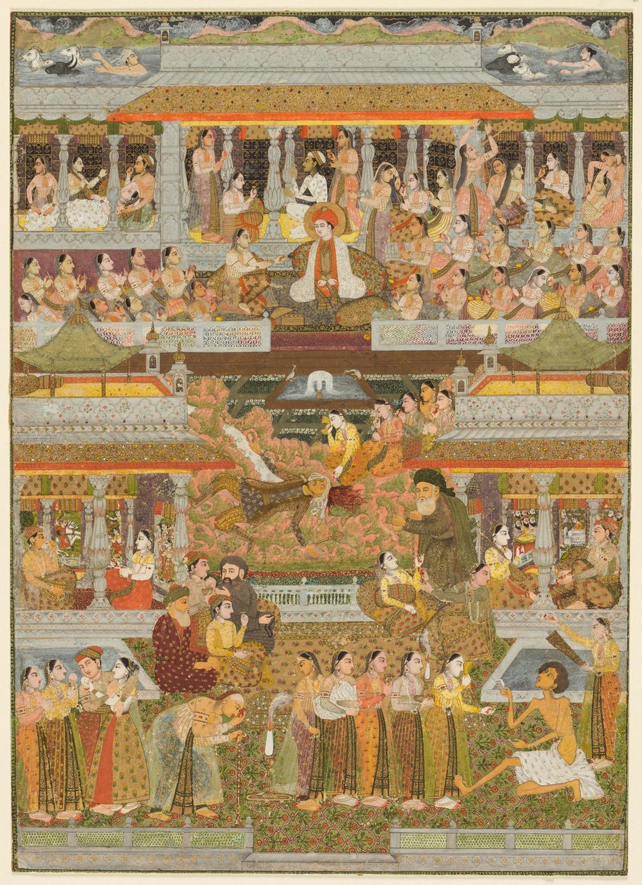 Szerelmesek és szerelmesek: A perzsa, urdu és szanszkrit irodalom jeleneteinek összeállítása, kb. 1735 (átlátszatlan akvarell arannyal, papíron) alkotó: Indian School