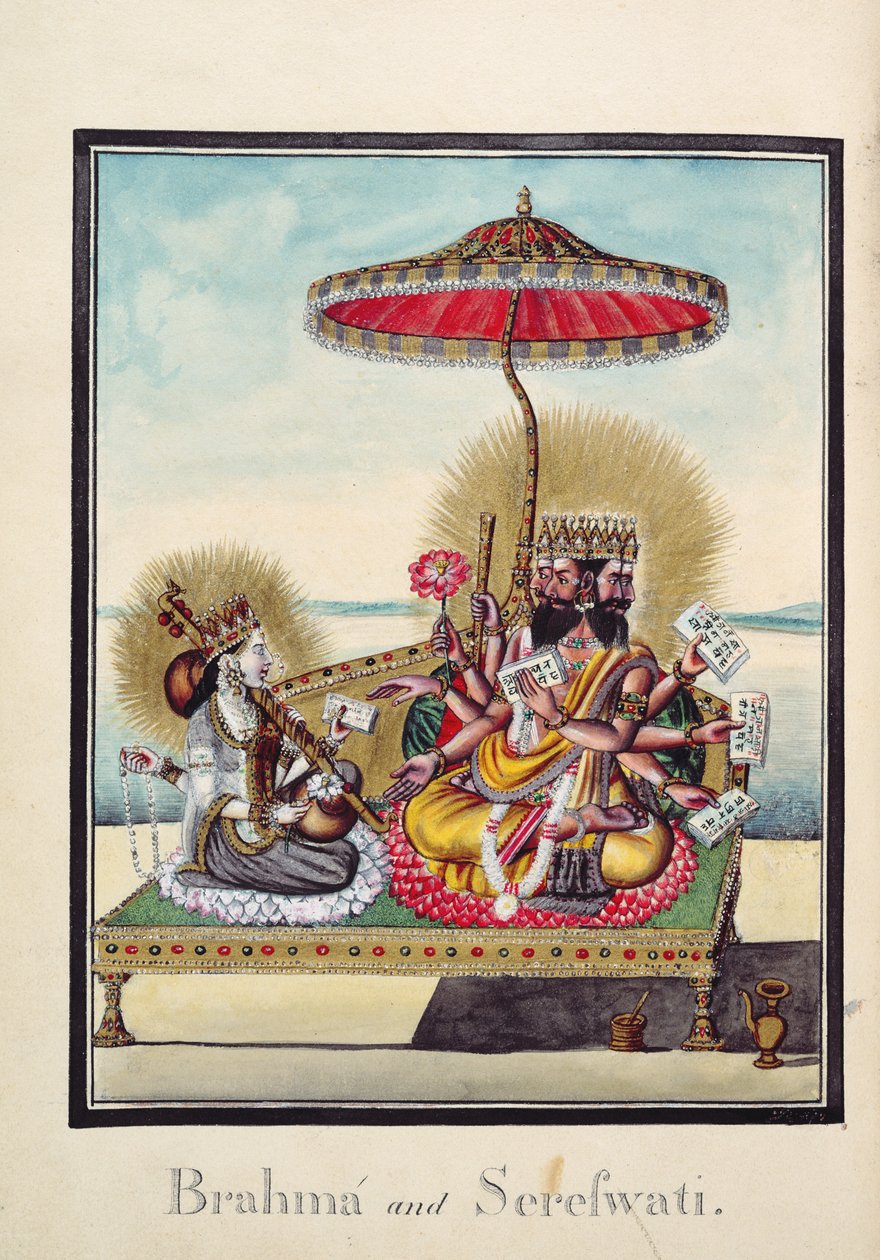 MSS EUR C 116/1 f.24v Brahma és Saraswati, az „Adhyatma Ramayana” hindu eposzból, egy chapra művésztől, 1802-es vízjellel (akvarell) alkotó: Indian School