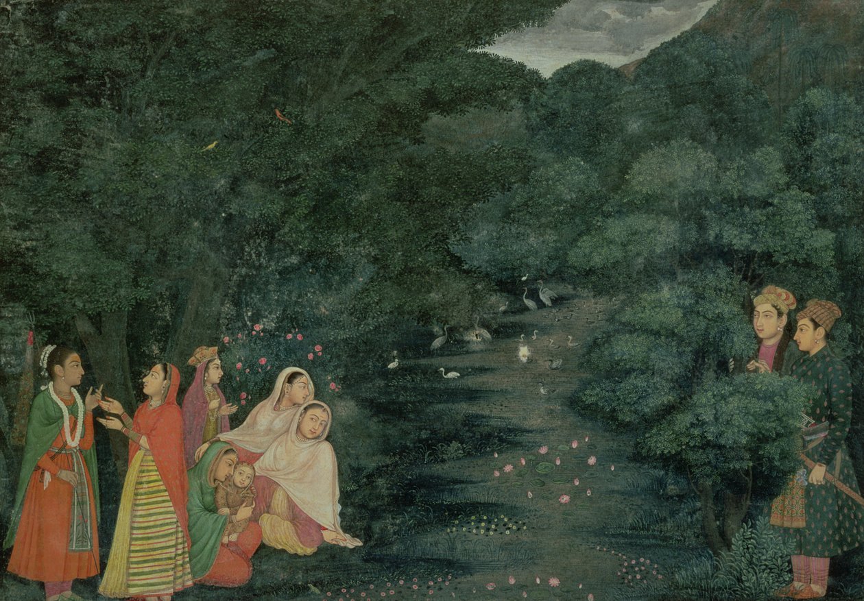 MS 34.17 Nők és egy gyerek éjszaka egy patak mellett egy erdőben, két nemes figyeli, Lucknow, School of Mihr Chand, 1760 körül (guache papíron, mintás szegéllyel) alkotó: Indian School