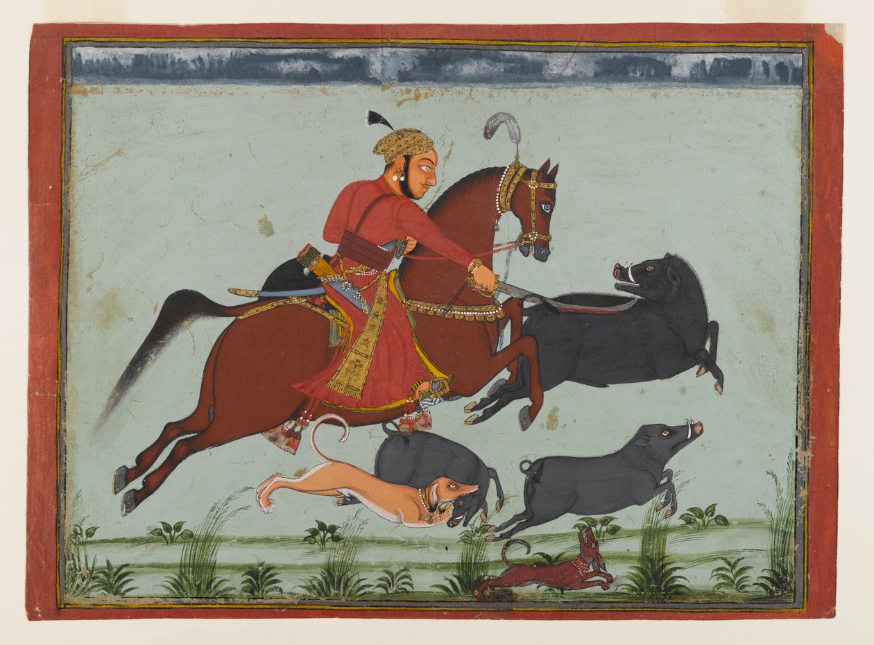 Maharaja Pratap Singh II, Mewar Hunting Boar, 1750-75 körül (akvarell, arany és ezüst, papíron) alkotó: Indian School