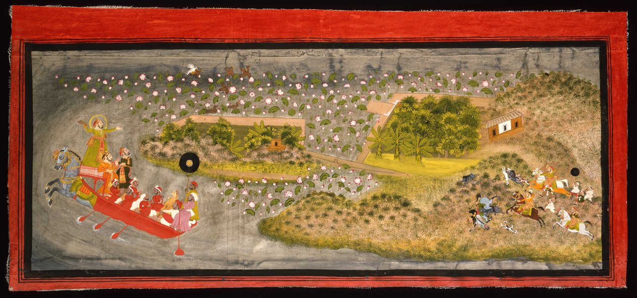 Maharana Jagat Singh II sólyomvadászat és vaddisznóvadászat, 1740 körül (átlátszatlan w/c, ezüst és arany papíron, albumoldalra rögzítve) alkotó: Indian School