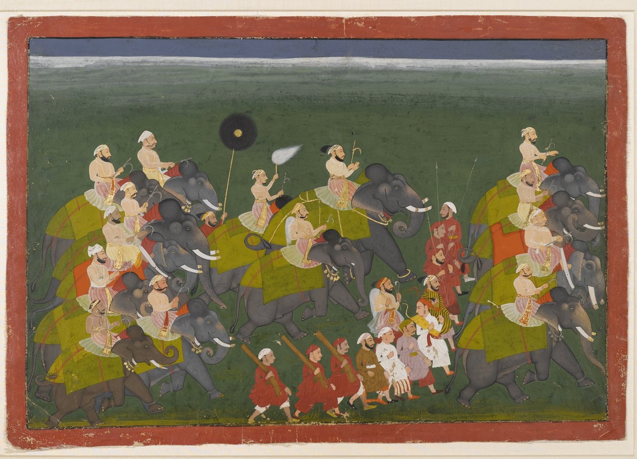 Maharana Sangram Singh of Mewar elefántmenetben lovagol, Udaipur, Rajasthan, 1730-40 körül (átlátszatlan wc és arany papíron) alkotó: Indian School
