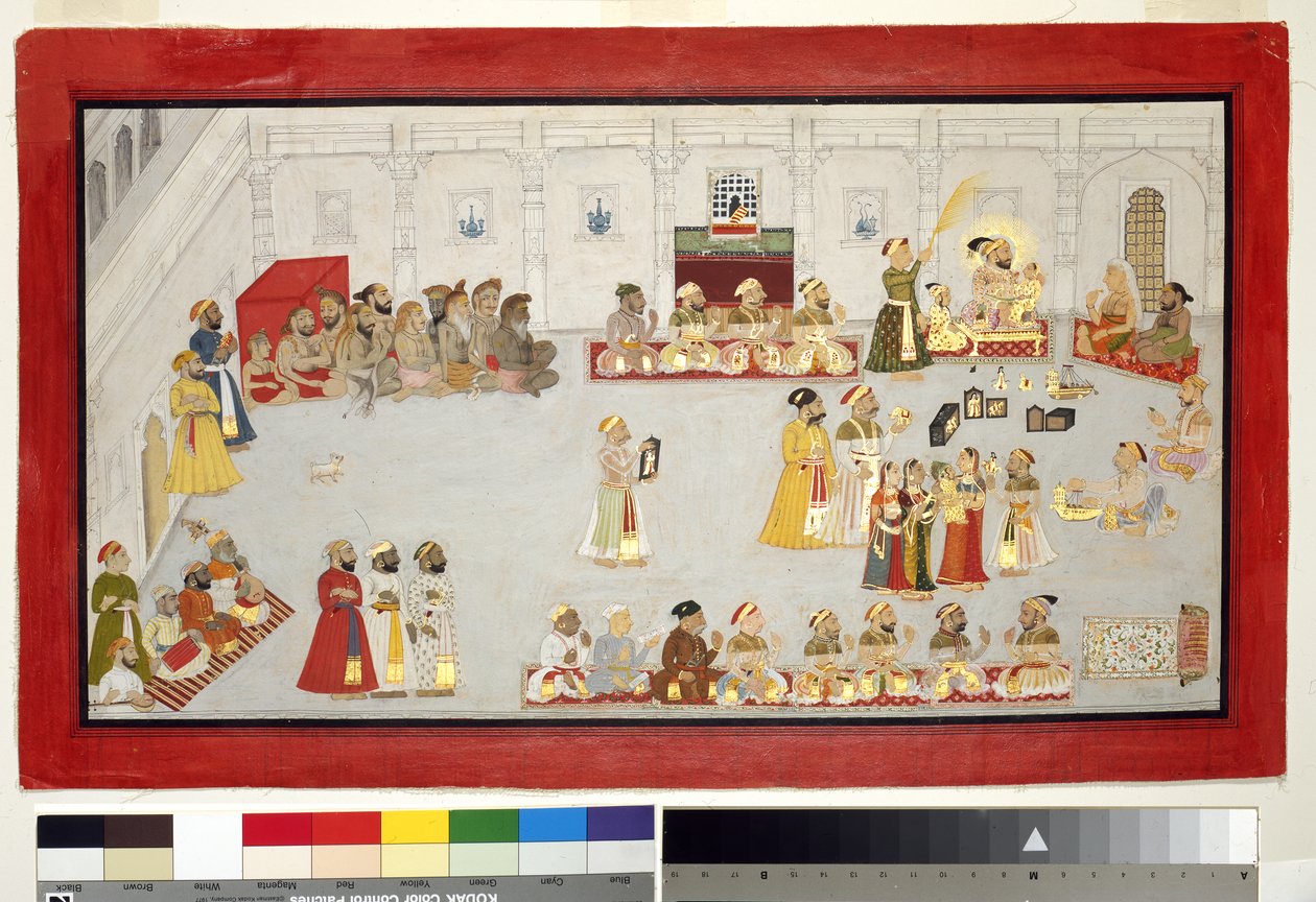 Maharana Sangram Singh gyermekeivel és udvariasaival, 1715 körül (átlátszatlan wc és arany a papíron, egy albumoldalra rögzítve) alkotó: Indian School