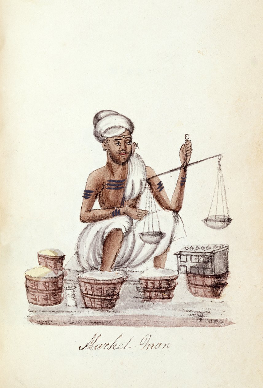 Venkata Ramasvani „A Digest of the Digest of the different Castes of India”-ból, a Piac embere, Madras 1837 (színes litho) alkotó: Indian School