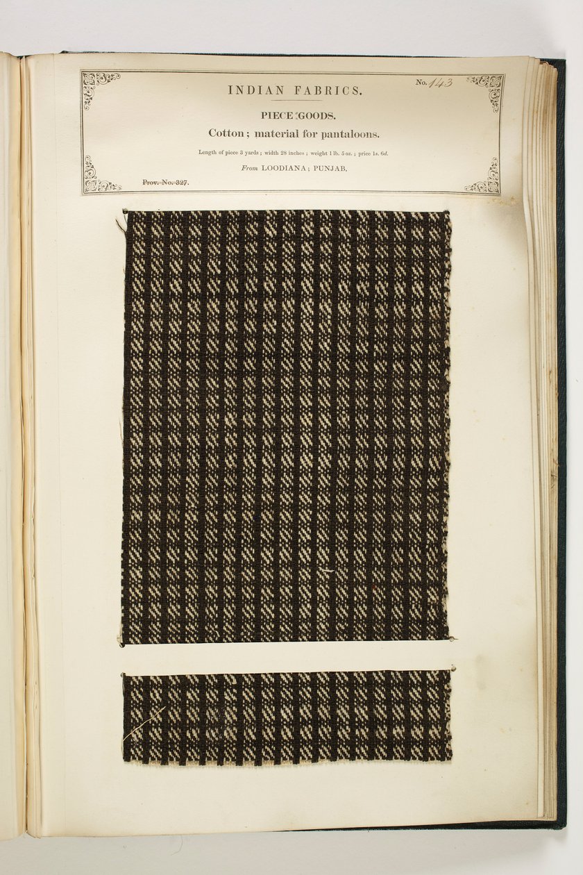 John Forbes Watson 1866-ban publikált anyaga Pantaloons, Loodiana, Punjab, Piece Goods, The Collection of the Collection of the Textile Manufacturers of India alkotó: Indian School