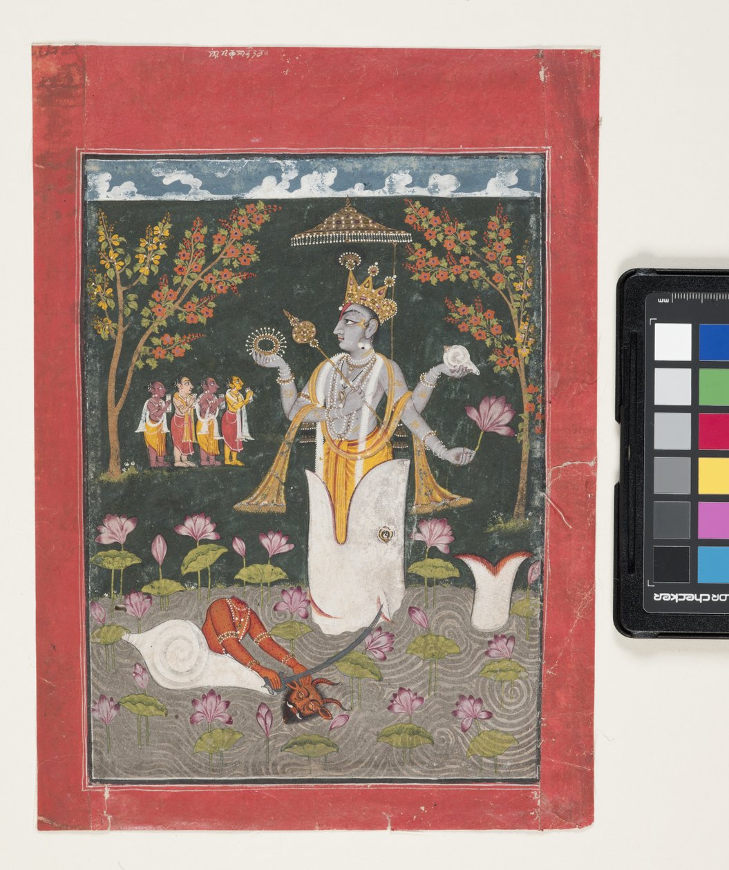 Visnu Matsya Avatarja: Sankh Asura meggyilkolása (gouache és aranylevél papíron) alkotó: Indian School