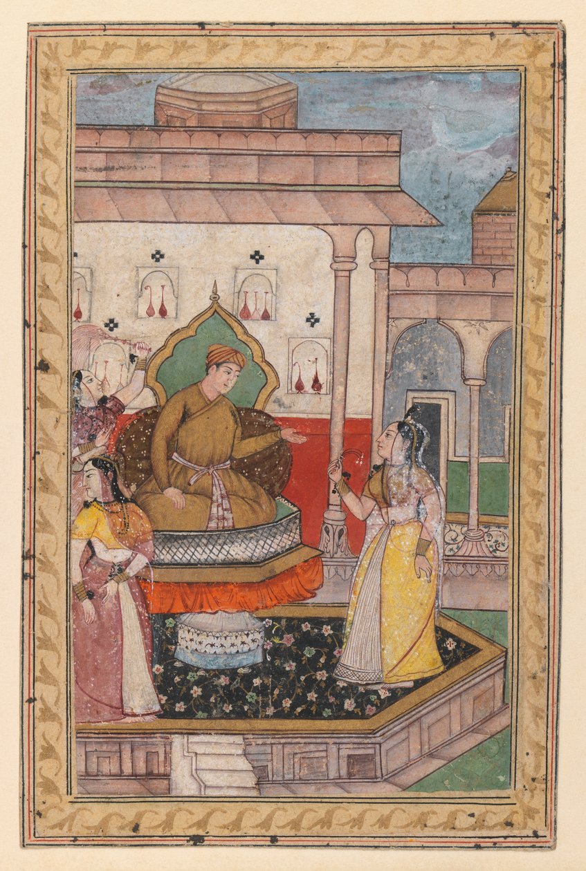 Miniatűr festmény, udvari jelenet, 16. század vége (átlátszatlan wc papíron) alkotó: Indian School
