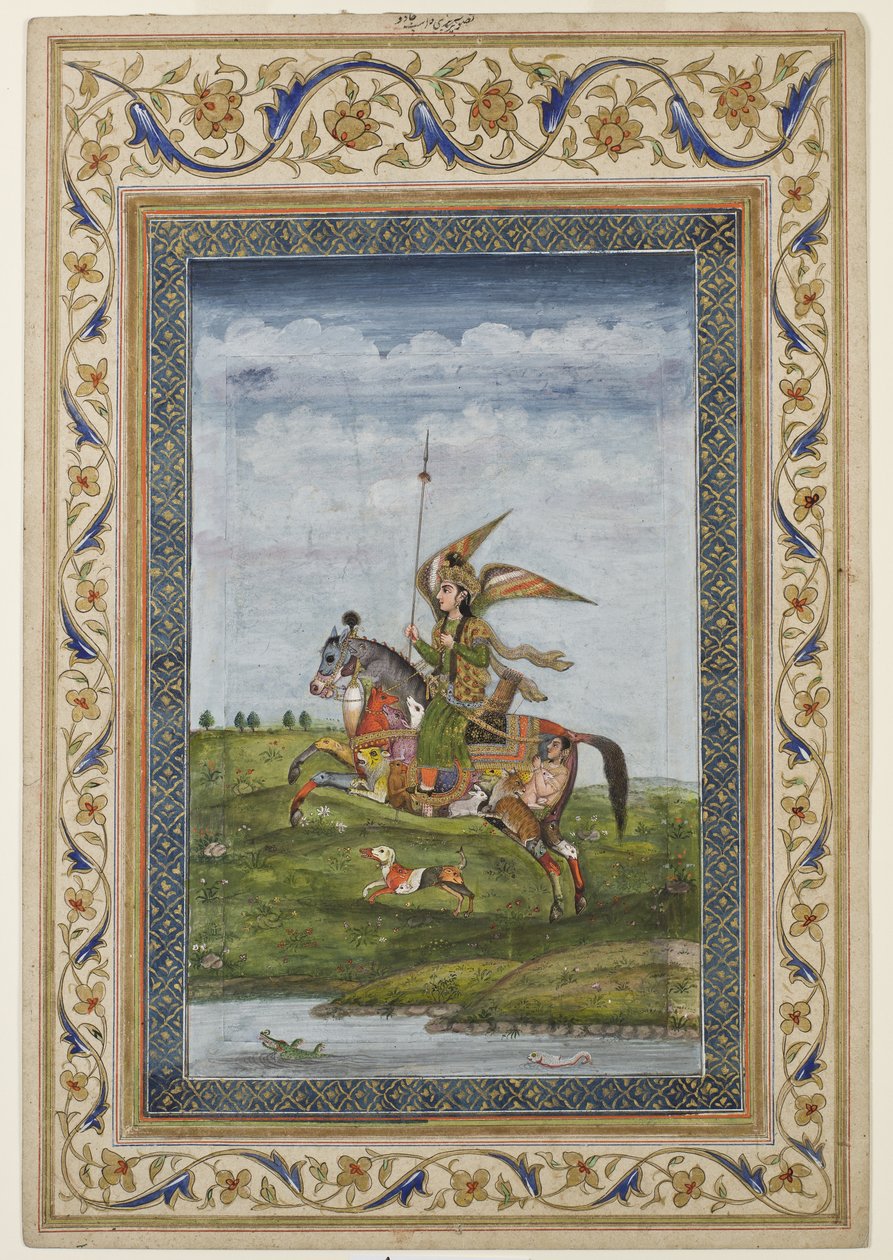 Miniatűr, amely egy lovon ülő szárnyas alakot ábrázol, valószínűleg Delhi iskola, mogul, indiai, 19. század eleje (akvarell és aranyozás papíron) alkotó: Indian School