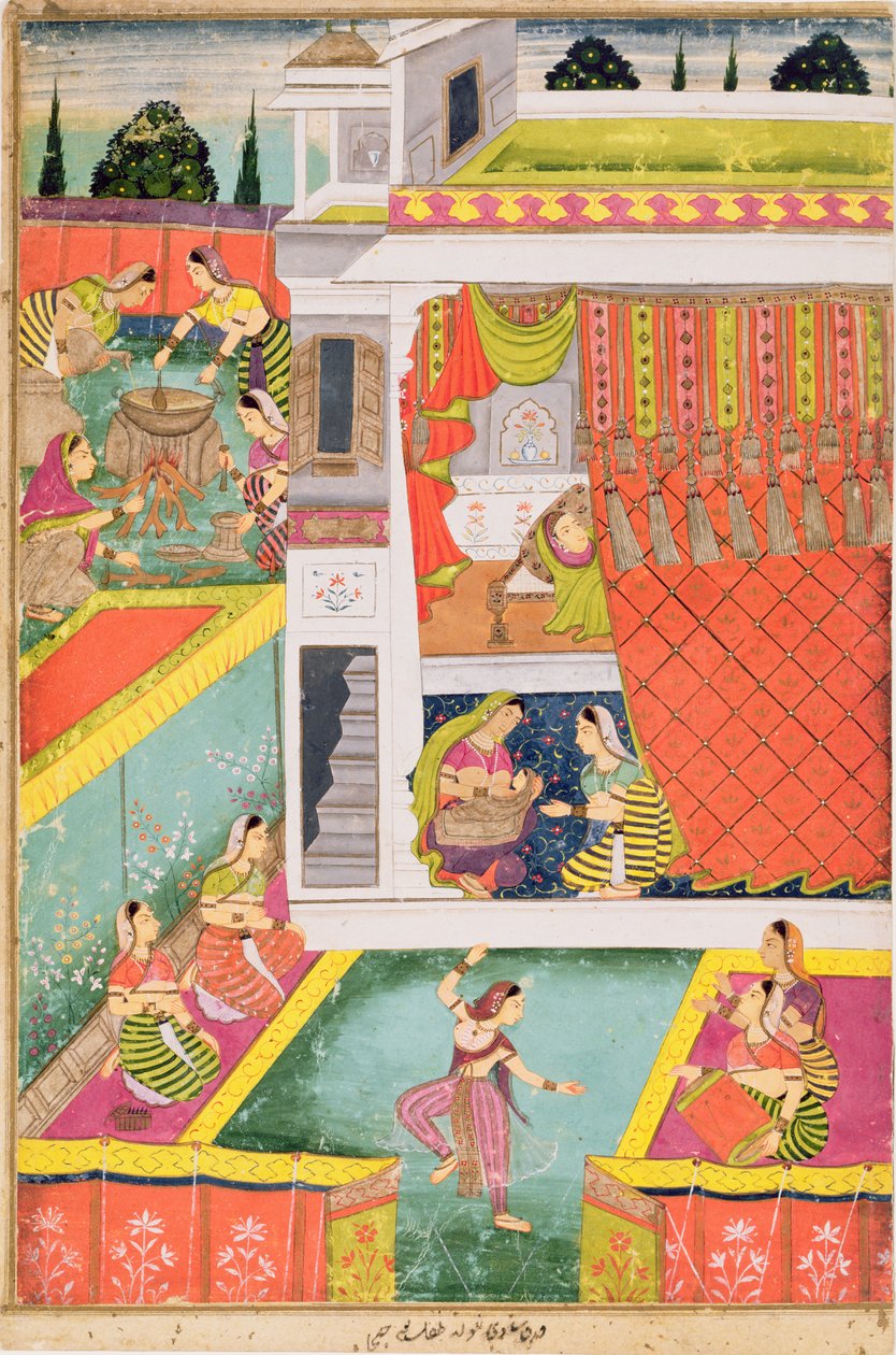 Gyermek születését ünneplő miniatűr festmény, esetleg Aurangabad, Deccan (átlátszatlan ásványi színek súrolópapíron) alkotó: Indian School