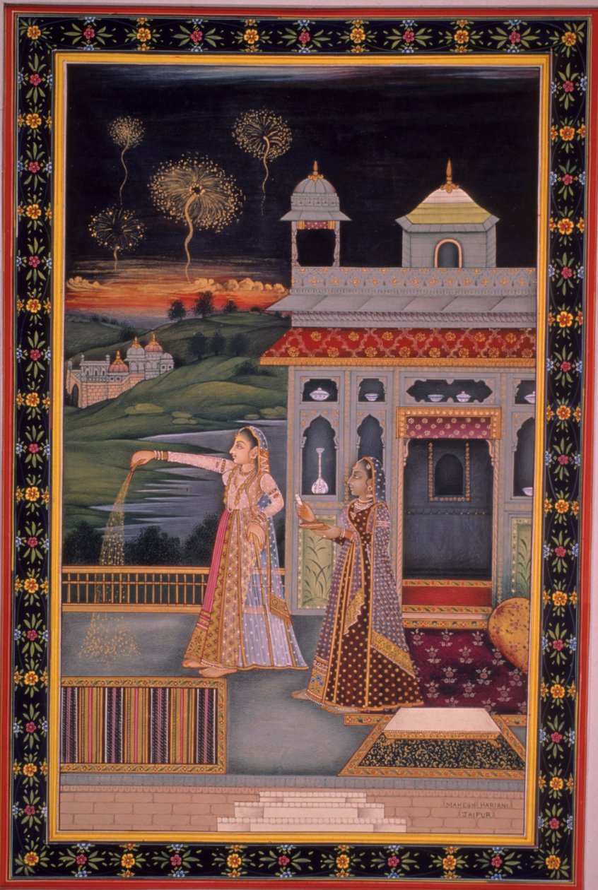 Miniatűr festmény a Diwali Fesztivált ünneplő hölgyről, India (akvarell, papír) alkotó: Indian School