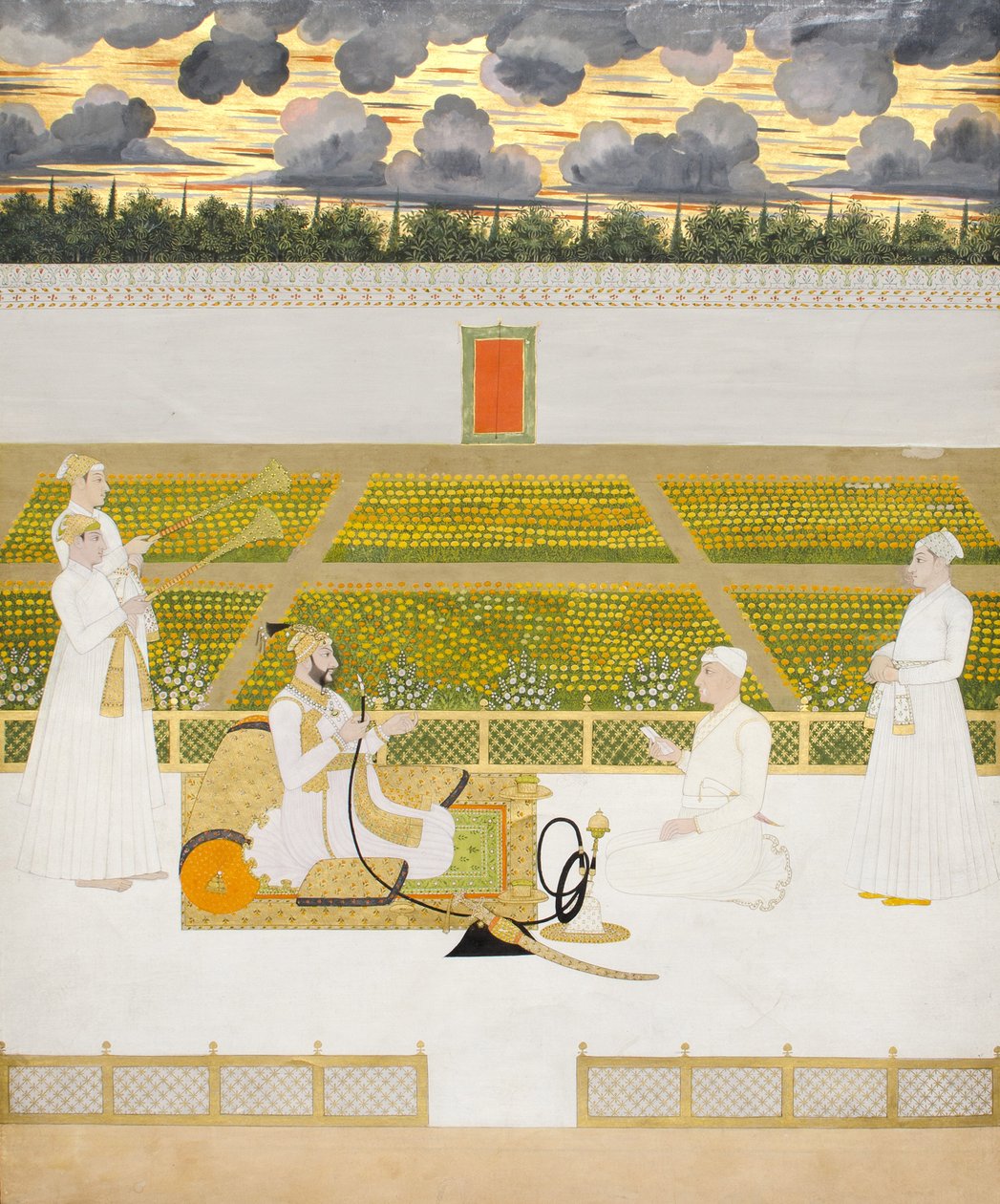 Mir Jaffar, Murshidabad Nawab udvaroncával és kísérőivel, 1760 körül (átlátszatlan wc és arany papíron) alkotó: Indian School