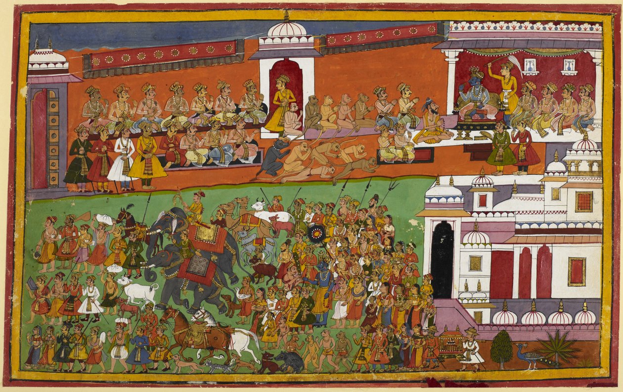 Majmok, medvék és mások gyűlnek össze, amikor Rāma távozik, kísérőivel, akik az áldozati tüzet viszik. alkotó: Indian School