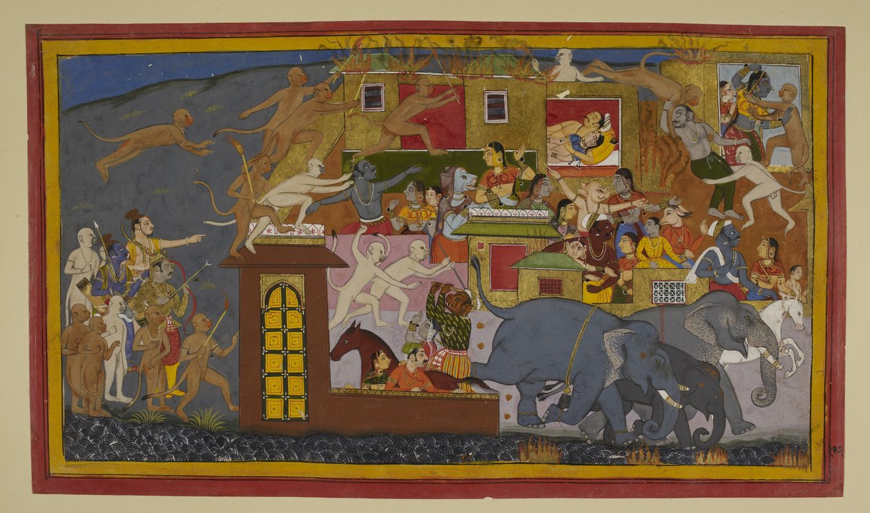 A majmok felgyújtják Laṅkāt, miközben a démonok elmenekülnek, és Rāma szövetségesei felkészülnek a cselekvésre. alkotó: Indian School