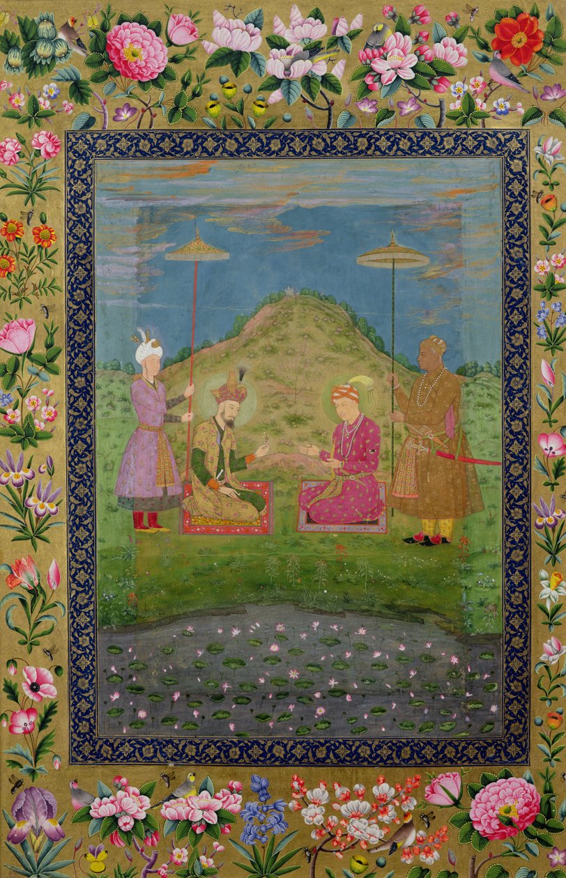 Ms E-14 Humayun (1508-56) és Akbar (1542-1605) egy vezírrel, egy Moraqqa-ból alkotó: Indian School